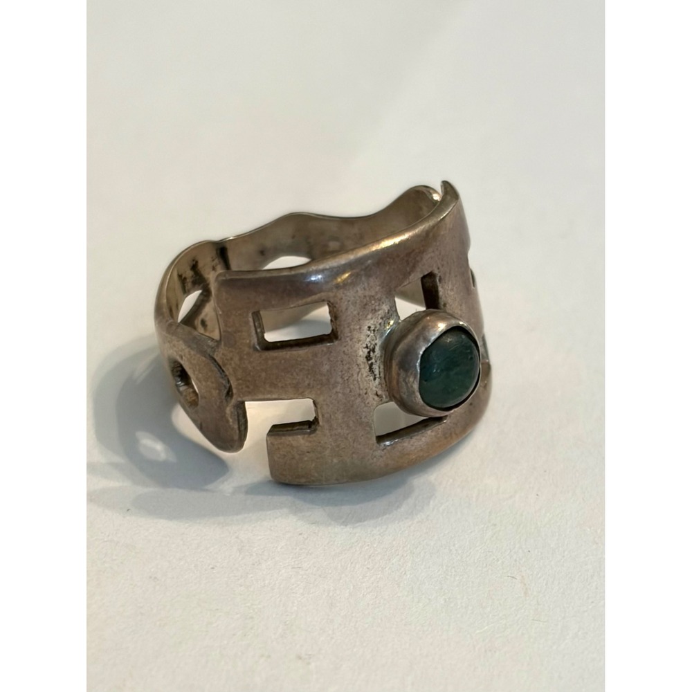 Vintage Mexico MLV Taxco Green Stone Ring Eagle 3 Sterling Silver 6.5 Southwest‎